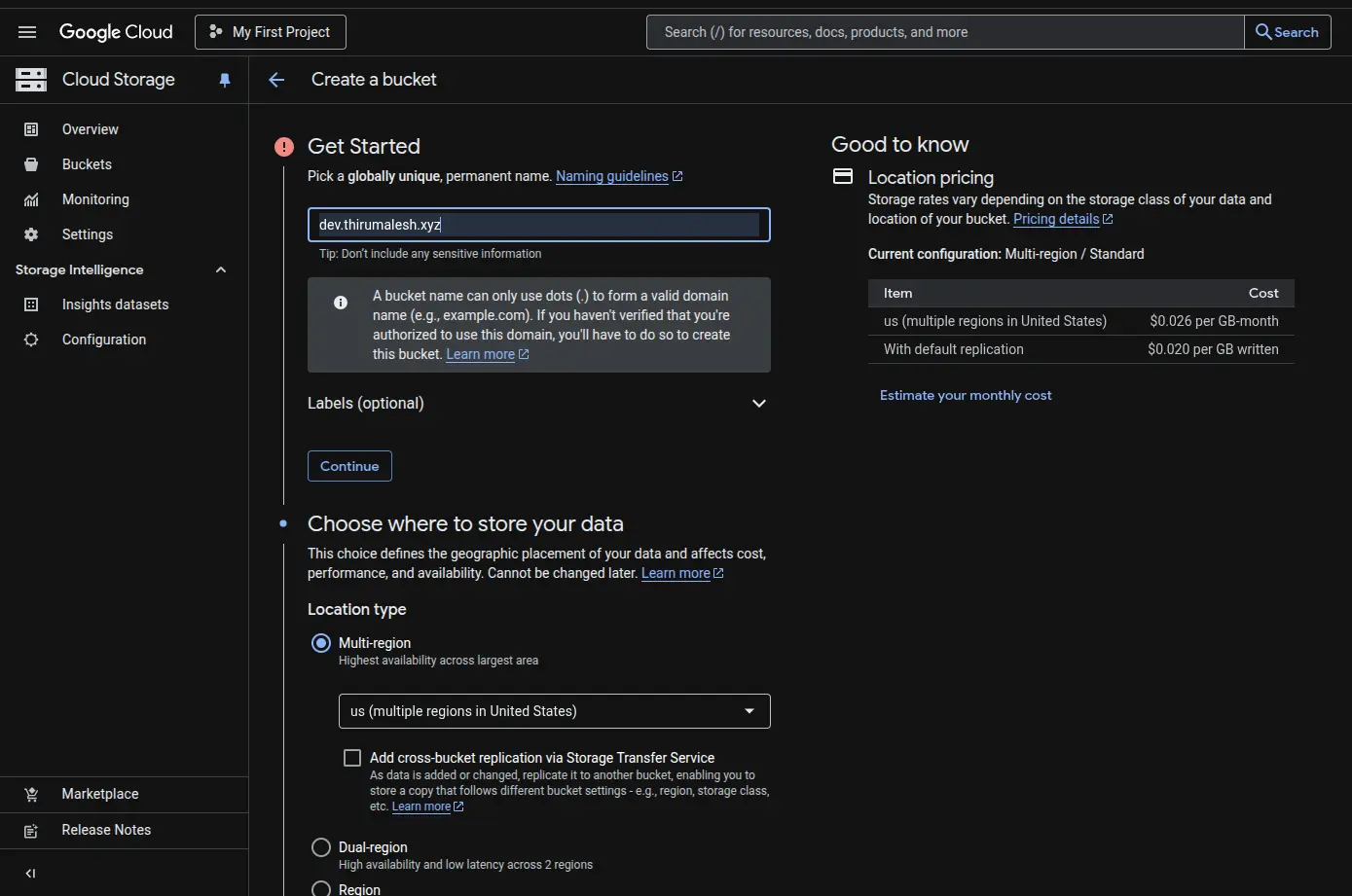 Google Cloud Console bucket creation interface
