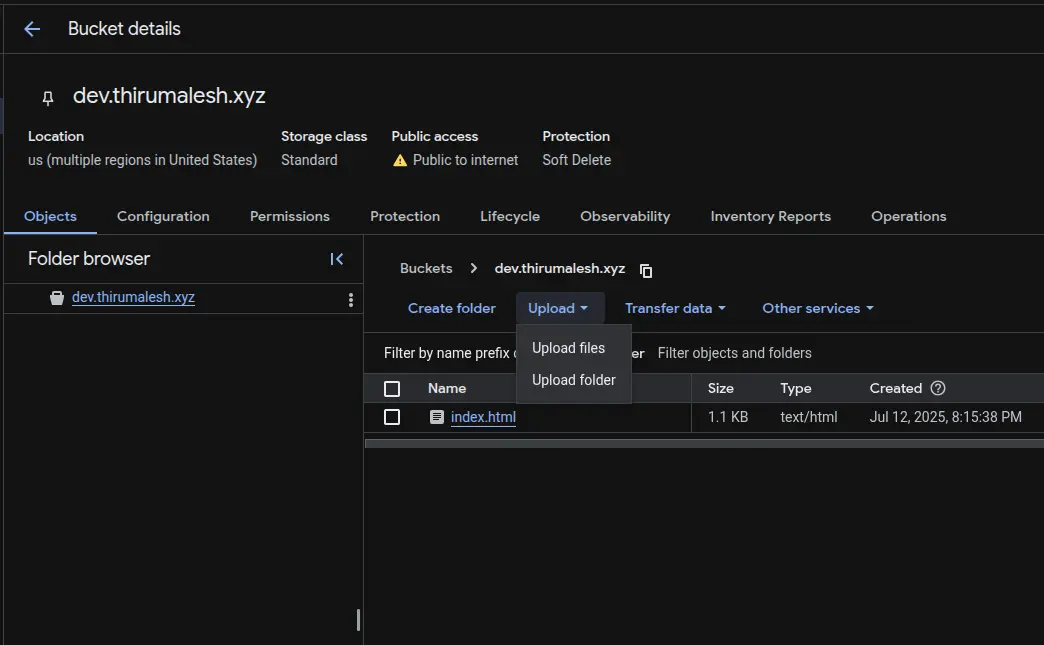 Google Cloud Console uploading website files interface