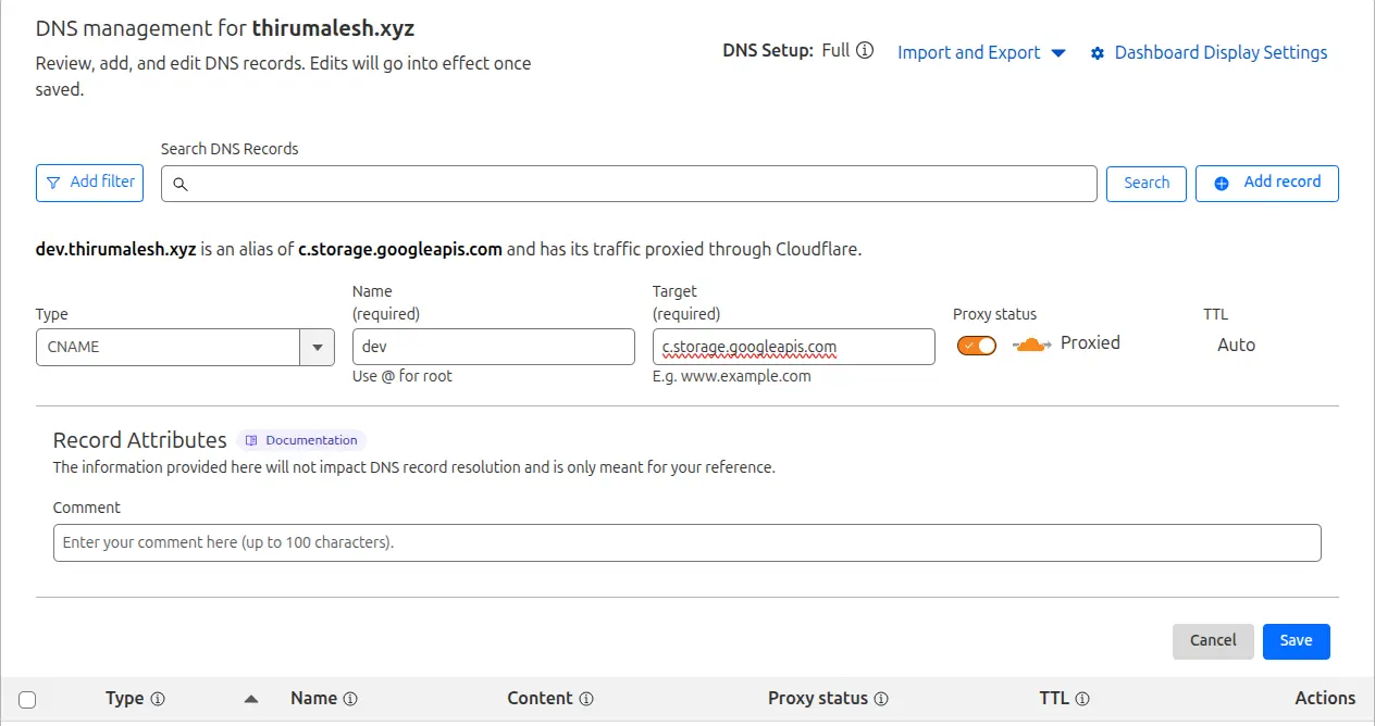 Creating a DNS record for custom domain